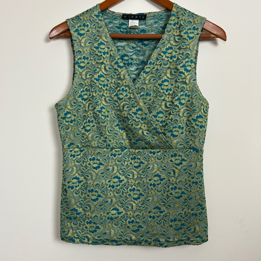 Boho Lace Overlay Tank Top Womens M Teal Green V Neck Mesh Lined Ninety